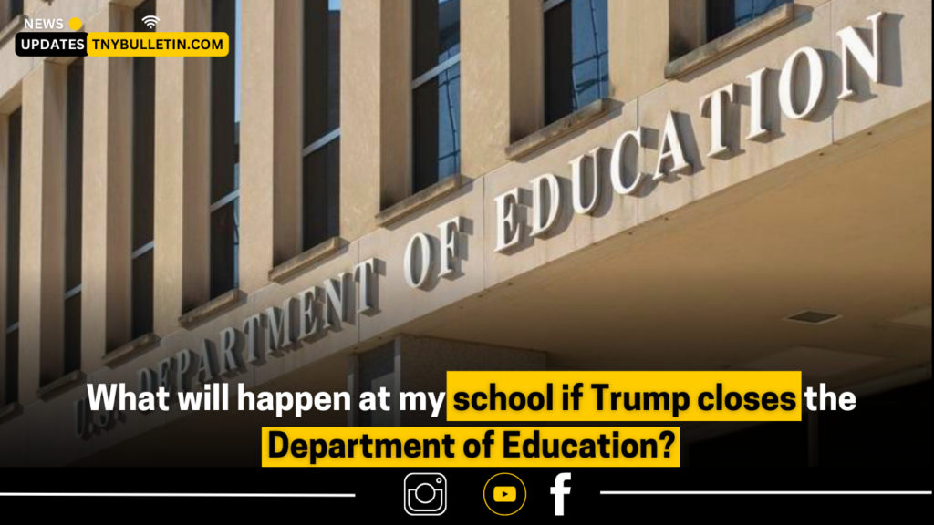 "Parents and students holding signs at rally protesting education funding cuts if Trump abolishes the Department of Education."