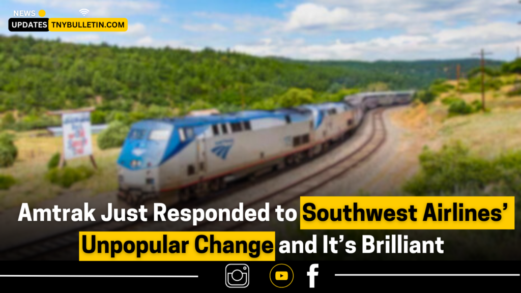 “Amtrak train and Southwest airplane with luggage and passengers, showcasing travel policy differences.”