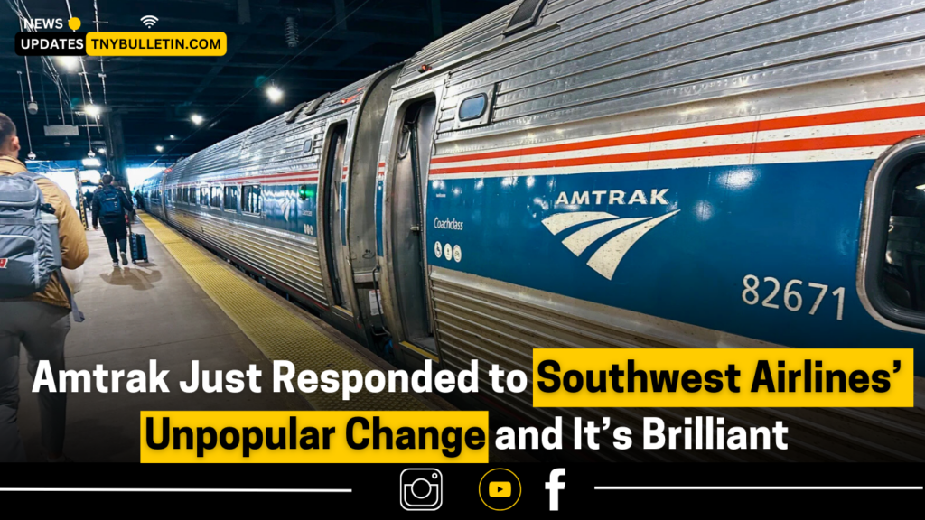 “Amtrak train and Southwest airplane with luggage and passengers, showcasing travel policy differences.”